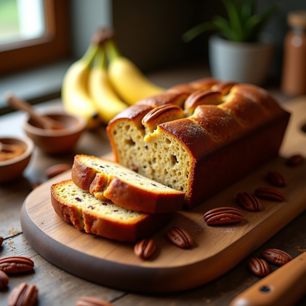 Pan de plátano dorado con trozos de nueces pecanas y especias de pumpkin spice, cortado en rebanadas esponjosas sobre una tabla de madera rústica, con un fondo borroso de ingredientes como plátanos y especias.