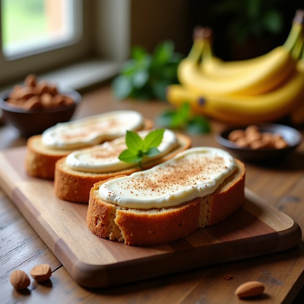 Pan de plátano vegano sin azúcar cortado en rebanadas gruesas, con semillas de lino visibles en la masa y cubierto de cream cheese de almendras cremoso. Servido sobre una tabla de madera rústica con almendras fileteadas y rodajas de plátano como decoración.
