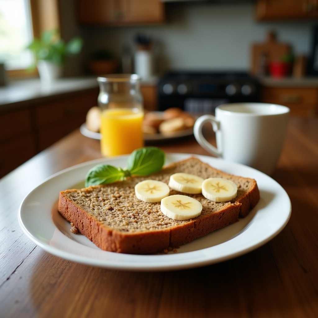 Pan de plátano keto con semillas de lino dorado y nueces, horneado en molde, cortado en rebanadas gruesas sobre tabla de madera rústica. Textura húmeda y dorada, con semillas de chía y nueces visibles. Desayuno saludable y rico en Omega-3.