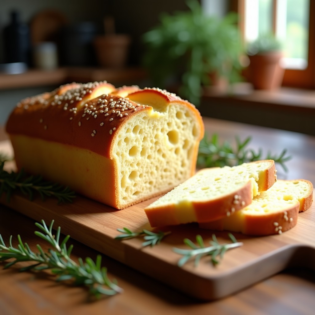 Pan de queso de almendras y hierbas provenzales keto sin lactosa, recién horneado en molde rectangular, con corte en rebanadas mostrando su miga esponjosa y dorada. Decorado con semillas de sésamo en la superficie y servido sobre tabla de madera rústica con hierbas frescas al lado.