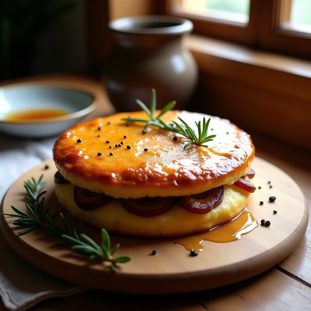 Pan dorado de masa de Catarroja relleno de queso de cabra cremoso y cebolla morada caramelizada, con semillas de amapola espolvoreadas y un hilo de miel de romero. Receta tradicional española en Thermomix.