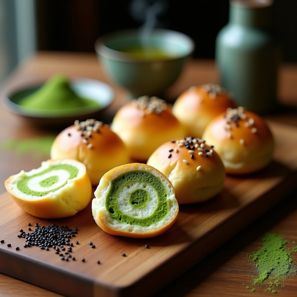 Pan de queso japonés keto con matcha y semillas de sésamo doradas, esponjoso y con un color verde pálido característico, servido en una fuente de bambú sobre un mantel de lino.