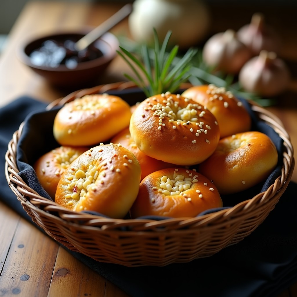 Panecillos dorados de queso de mandioca y ajo negro en cesta de mimbre, con semillas de sésamo y textura esponjosa, receta brasileña sin gluten en airfryer.