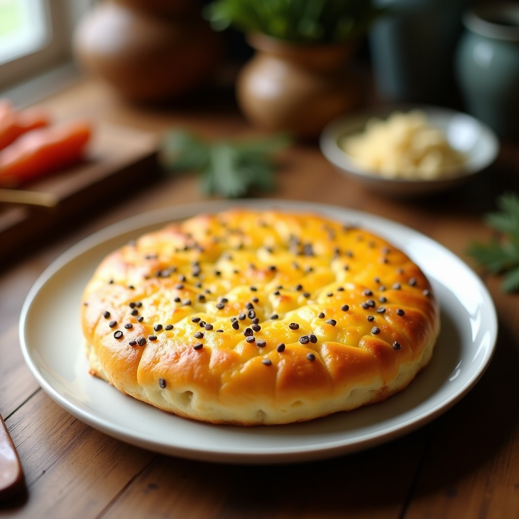Panecillos dorados de queso vegano con harina de coco y semillas de lino, apilados sobre una tabla de madera rústica, con textura esponjosa y corteza ligeramente crujiente, acompañados de semillas de lino espolvoreadas.