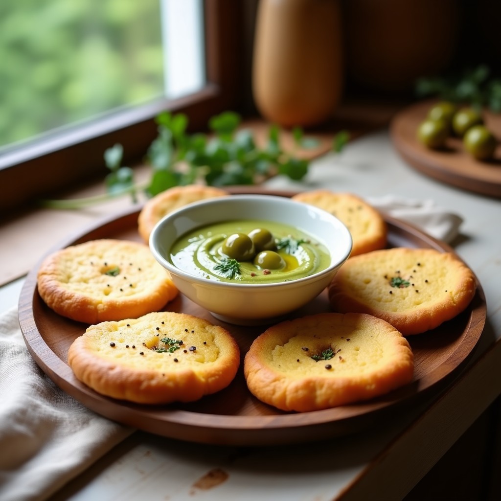 Panecillos dorados de yuca y semillas de chía servidos en un plato de madera rústico, acompañados de un dip verde cremoso de aceitunas en un bol pequeño. Semillas de chía y perejil fresco espolvoreados por encima. Fondos borrosos de cocina con luz natural.