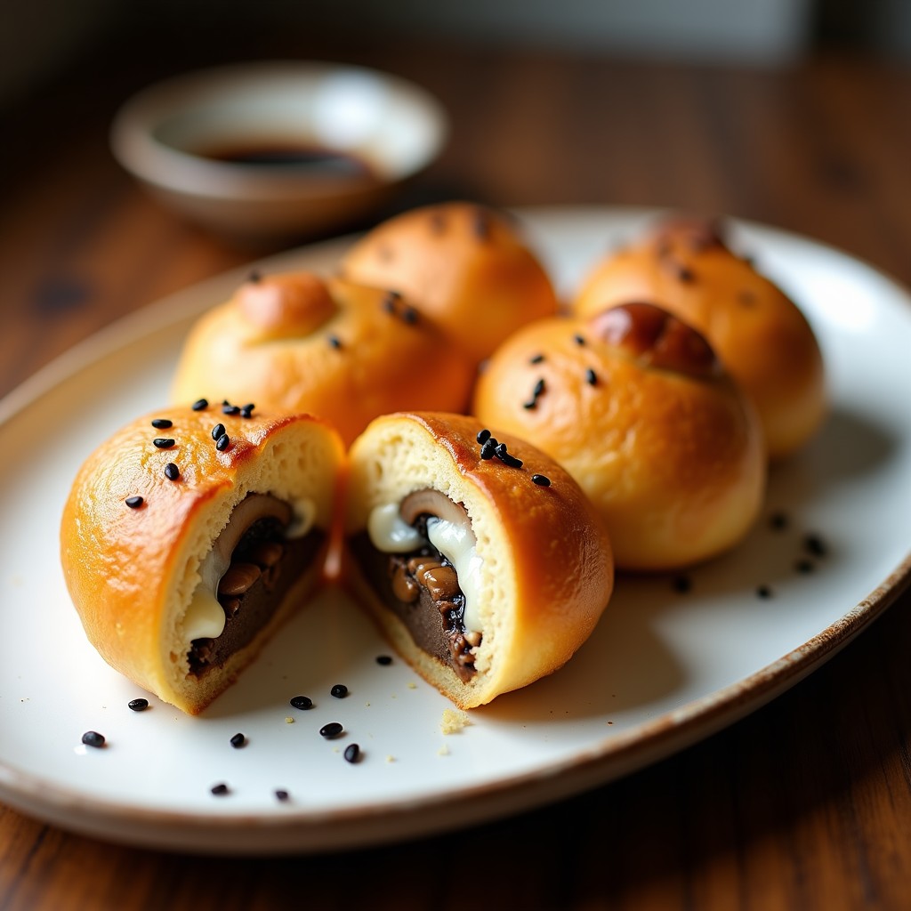 Pan de yuca dorado y crujiente relleno de hongos shiitake y queso cremoso de anacardos, servido en un plato de cerámica blanca con semillas de sésamo negro, receta paraguayo-japonesa en airfryer.