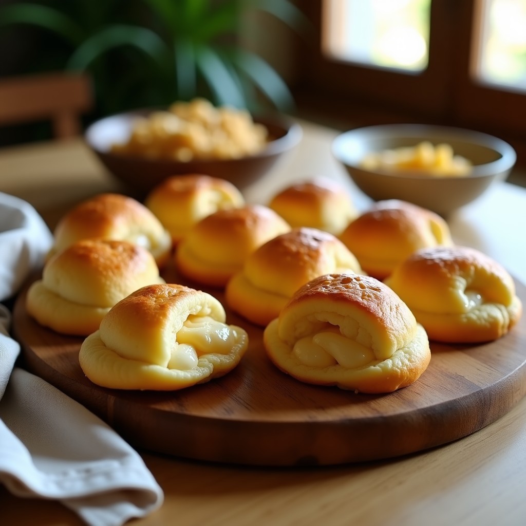 Panecillos dorados de yuca recién horneados con relleno cremoso de queso de anacardos, servidos en una bandeja de madera rústica sobre papel de horno. Receta brasileña vegana y sin gluten hecha en Thermomix.