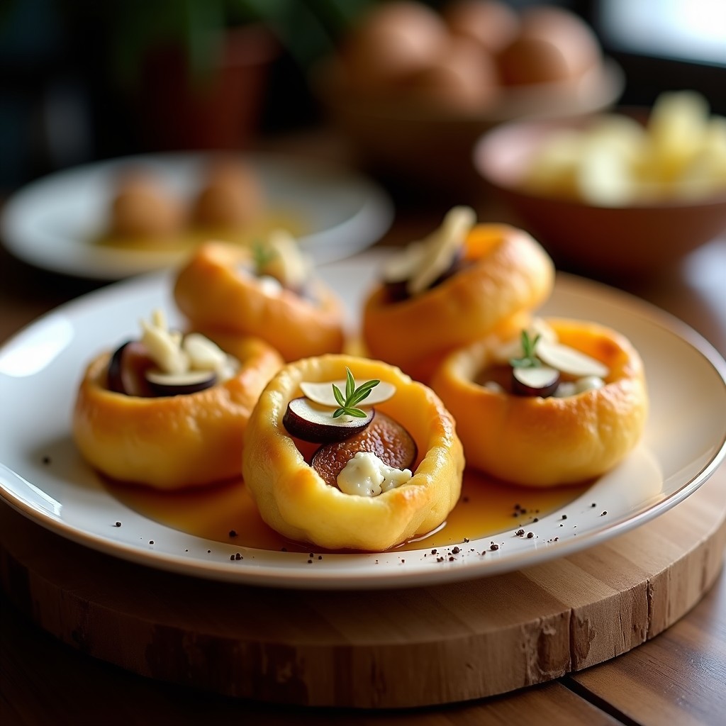 Pan de yuca dorado y crujiente relleno de queso azul desmenuzado y higos caramelizados, servido en una bandeja de madera con hojas de menta. Entrante colombiano gourmet en airfryer.