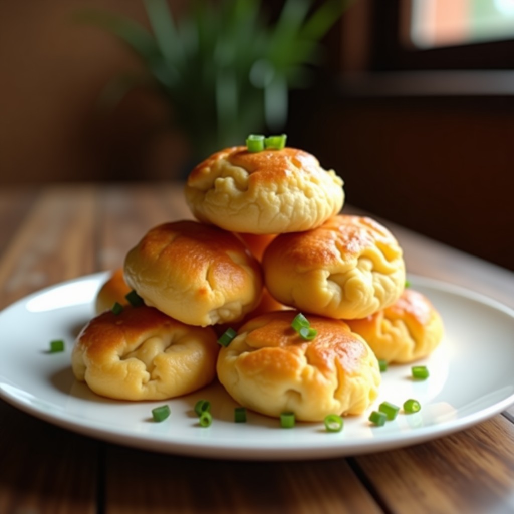 Panecillos dorados de pan de yuca y queso fresco apilados en un plato de cerámica blanca, con textura crujiente por fuera y esponjosa por dentro, acompañados de cebollín fresco y un fondo borroso de cocina coloombiana tradicional.
