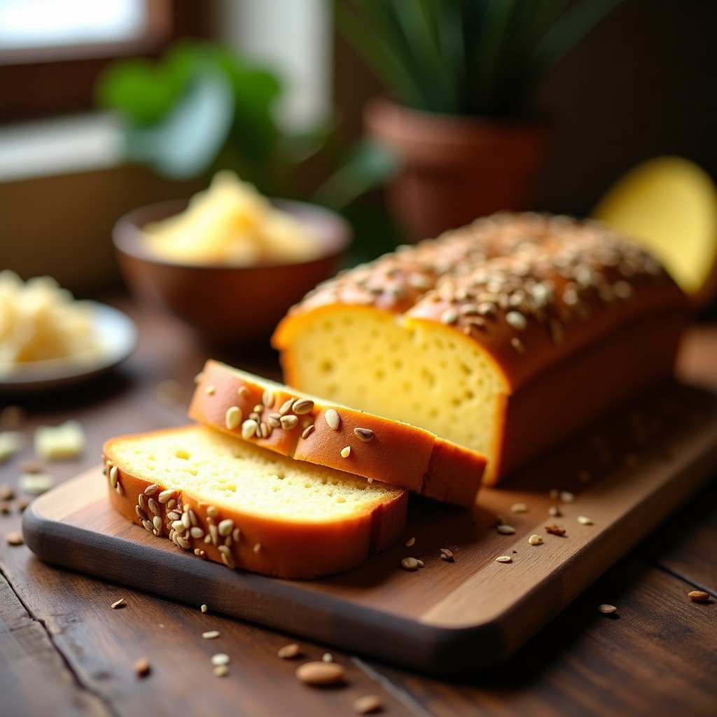 Pan de yuca vegano dorado con semillas de girasol tostadas en la superficie, cortado en rodajas gruesas sobre una tabla de madera rústica. Textura esponjosa y crujiente, con un fondo desenfocado de ingredientes como yuca y harina de almendra.
