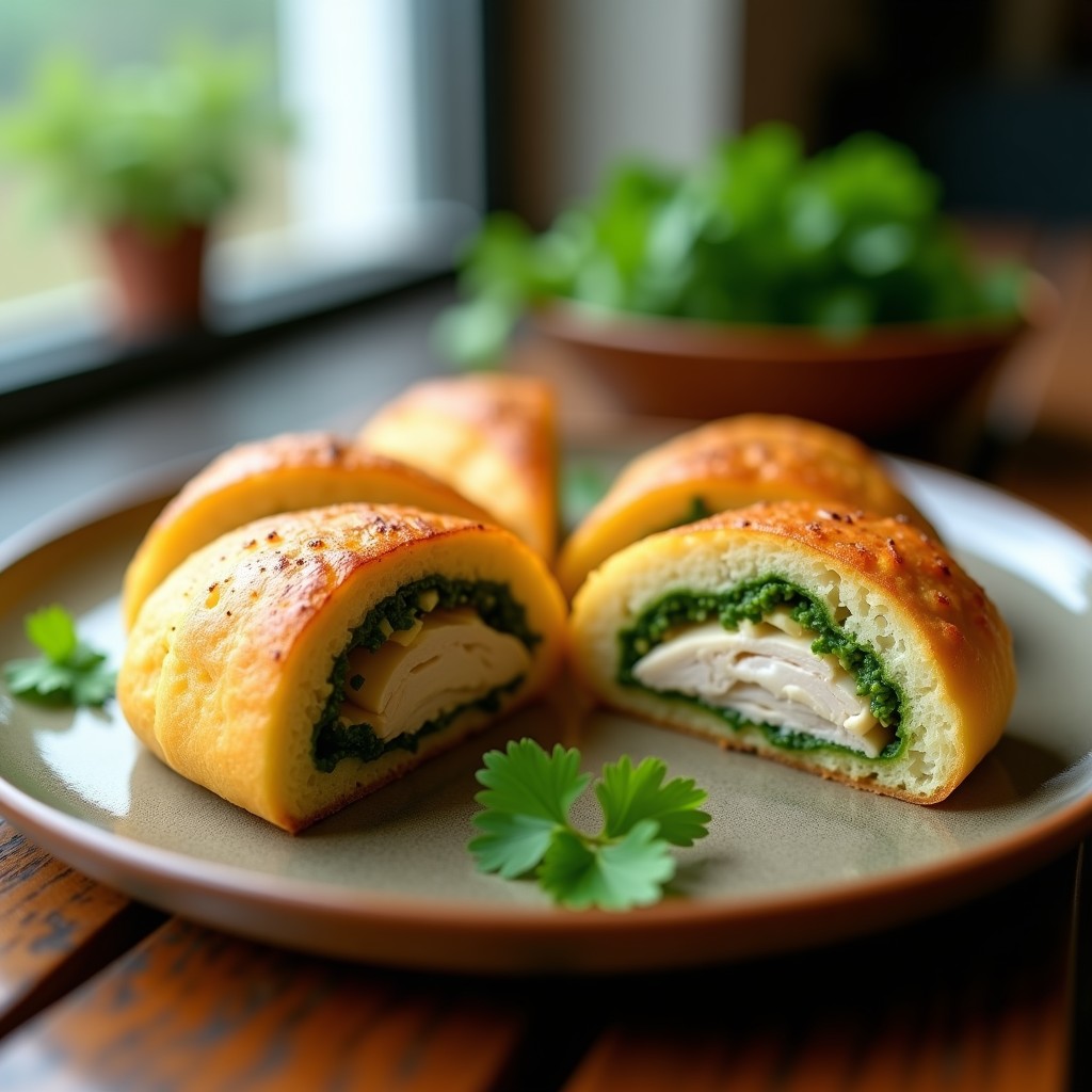 Pan de yuca dorado y esponjoso relleno de pollo jugoso y pesto de cilantro verde brillante, cortado en porciones sobre un plato rústico de barro, con hojas de cilantro fresco como decoración y un fondo de cocina moderna.