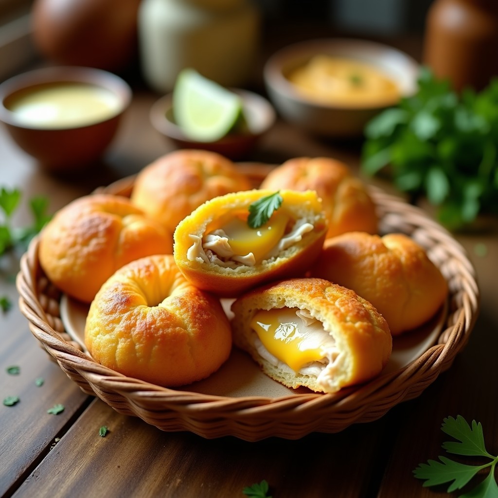 Pan de yuca dorado y crujiente relleno de pollo desmenuzado y queso derretido, servido en una canasta de mimbre con fondo de hoja de plátano. Receta colombiana en Airfryer sin freír.