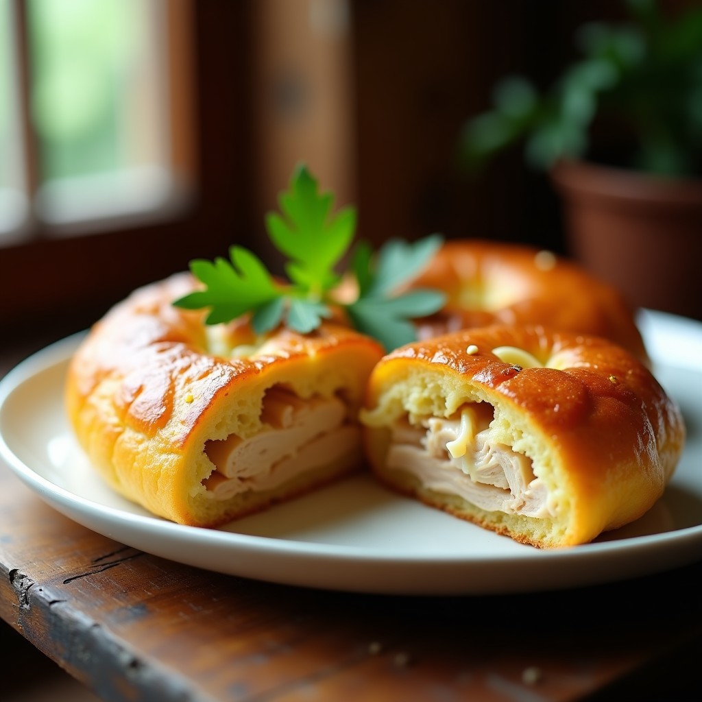 Pan de yuca dorado y esponjoso relleno de pollo desmenuzado y queso de cabra cremoso, horneado en airfryer, servido sobre un plato blanco con hierbas frescas.