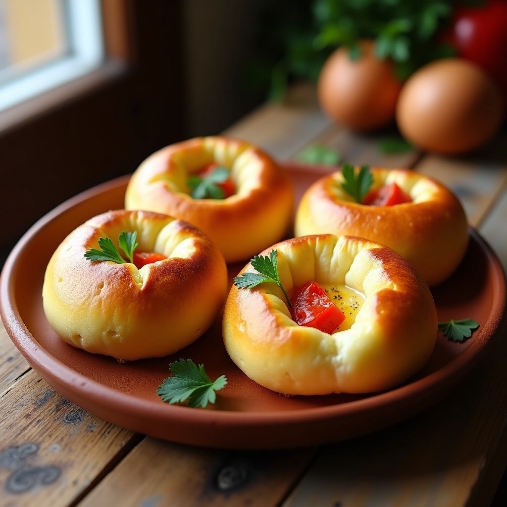 Pan de yuca dorado y crujiente relleno de queso de soja cremoso y pimientos asados rojos, servido en plato rústico de barro con hierbas frescas y salsa al lado. Desayuno argentino sin gluten y vegano.