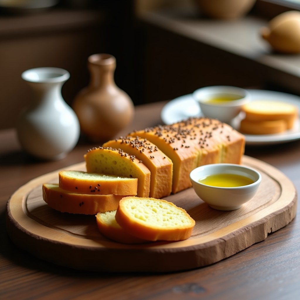 Pan de yuca dorado y crujiente con semillas de chía visibles, bañado en aceite de oliva virgen extra, servido en tabla de madera rústica con romero fresco y aceitunas verdes al fondo. Receta sin gluten para acompañar.
