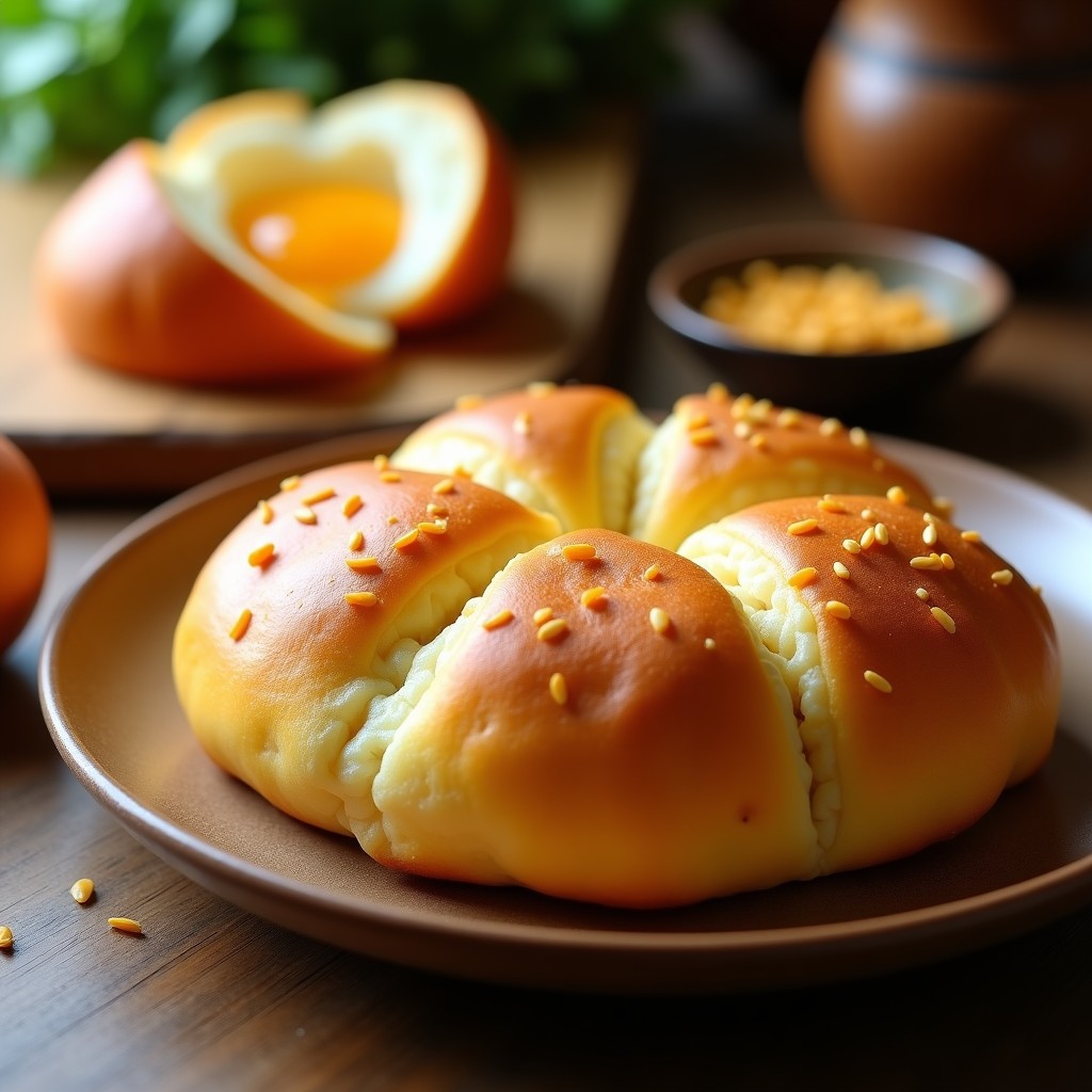 Pan de yuca y semillas de lino recién horneado en airfryer, dorado y crujiente por fuera, con textura esponjosa. Presentado en una tabla de madera con semillas de lino espolvoreadas y un huevo al lado, receta sin gluten con 3 ingredientes.