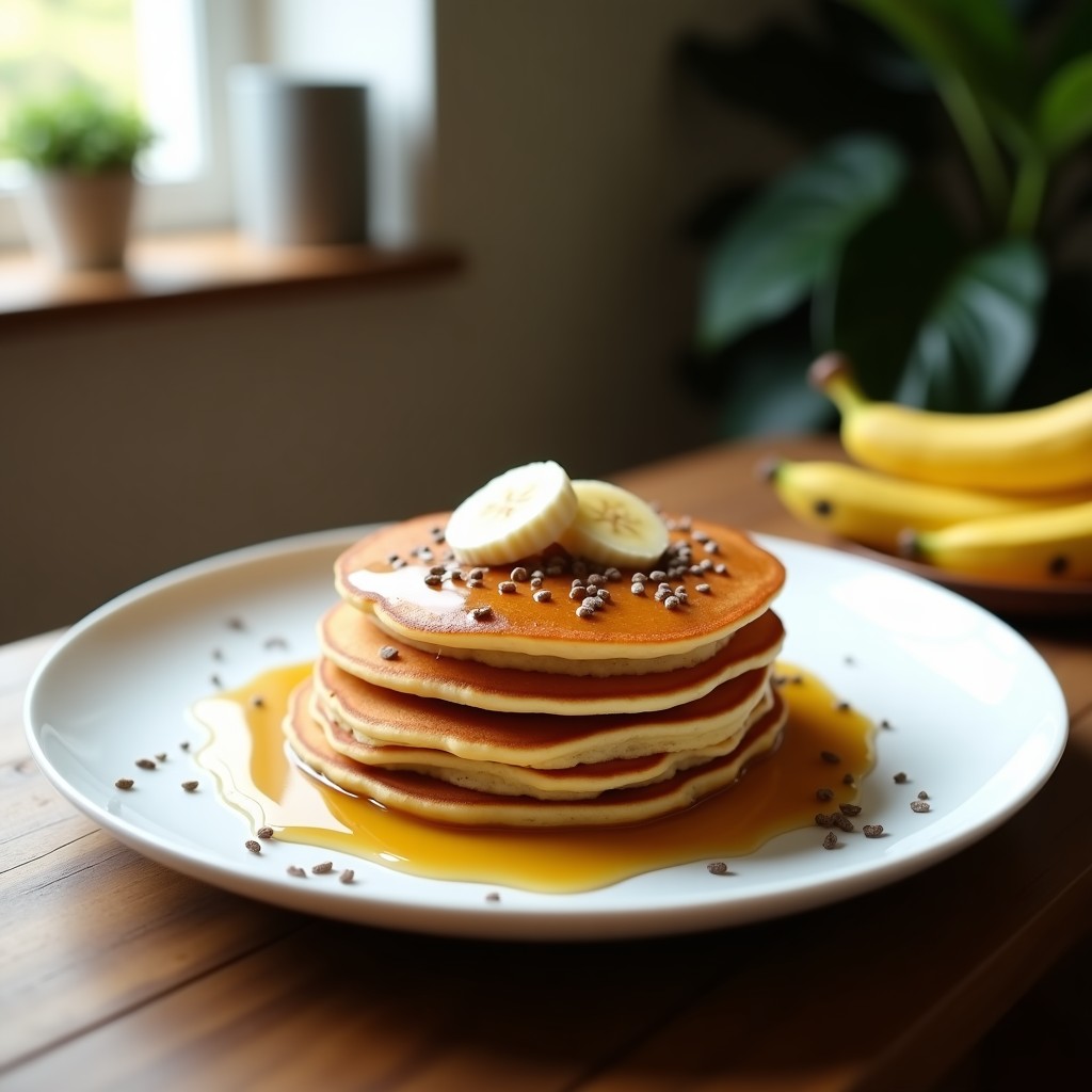 Pila de pancakes dorados de harina de altramuz sin gluten, servidos en plato blanco con sirope de dátiles brillante, decorados con semillas de chía y rodajas de plátano, fondo rústico de madera.