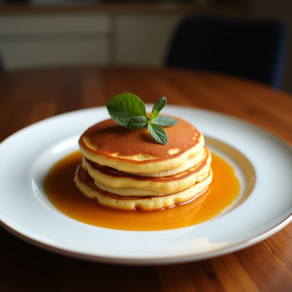 Pila de pancakes dorados de arroz integral y plátano, servidos en plato blanco con almendras fileteadas y un chorrito de sirope de arce, desayuno sin gluten y sin azúcar.
