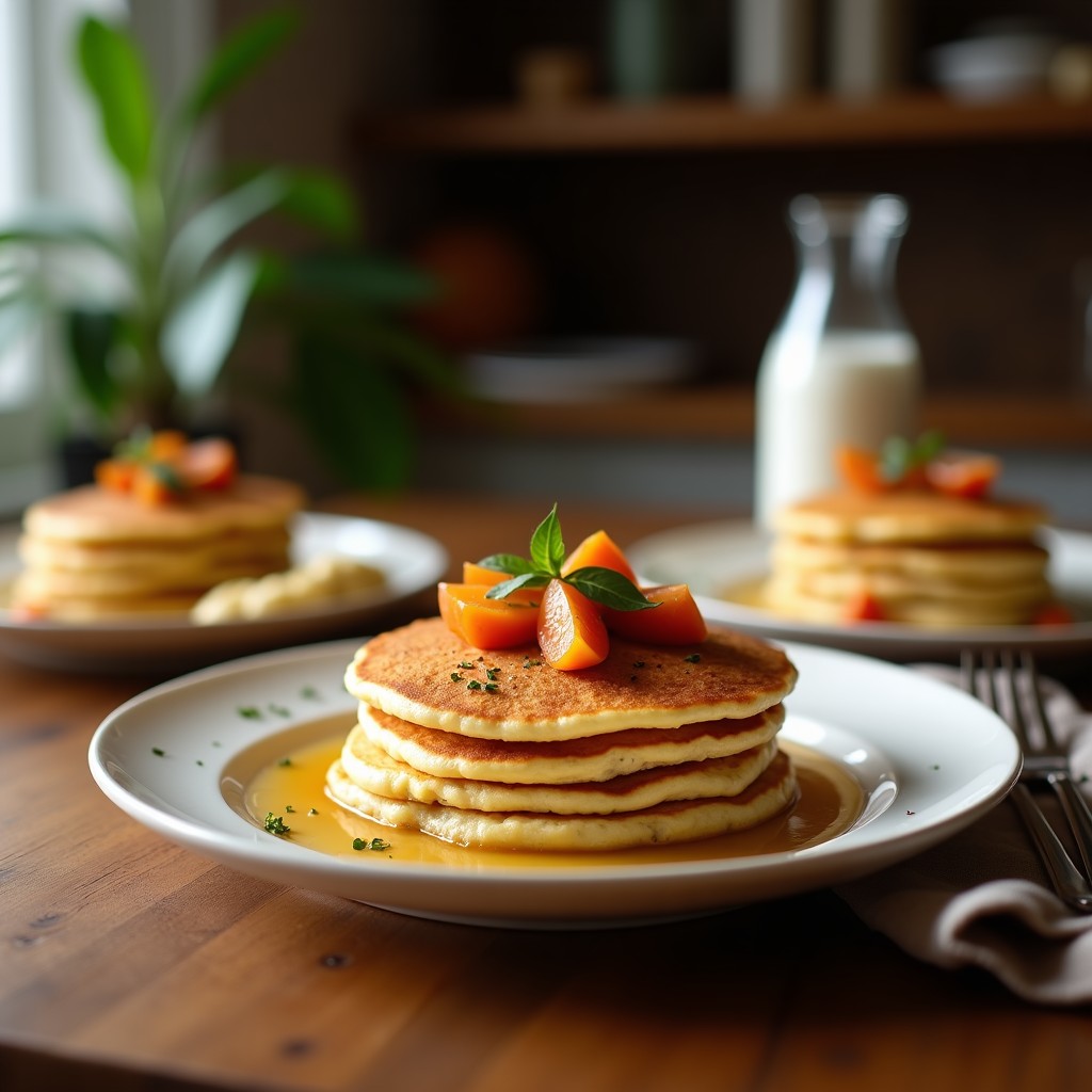 Pila dorada de pancakes esponjosos de avena y harina de garbanzo, bañados en sirope de dátil brillante, con semillas de chía espolvoreadas y rodajas de plátano fresco en un plato blanco rústico. Desayuno proteico sin harina.