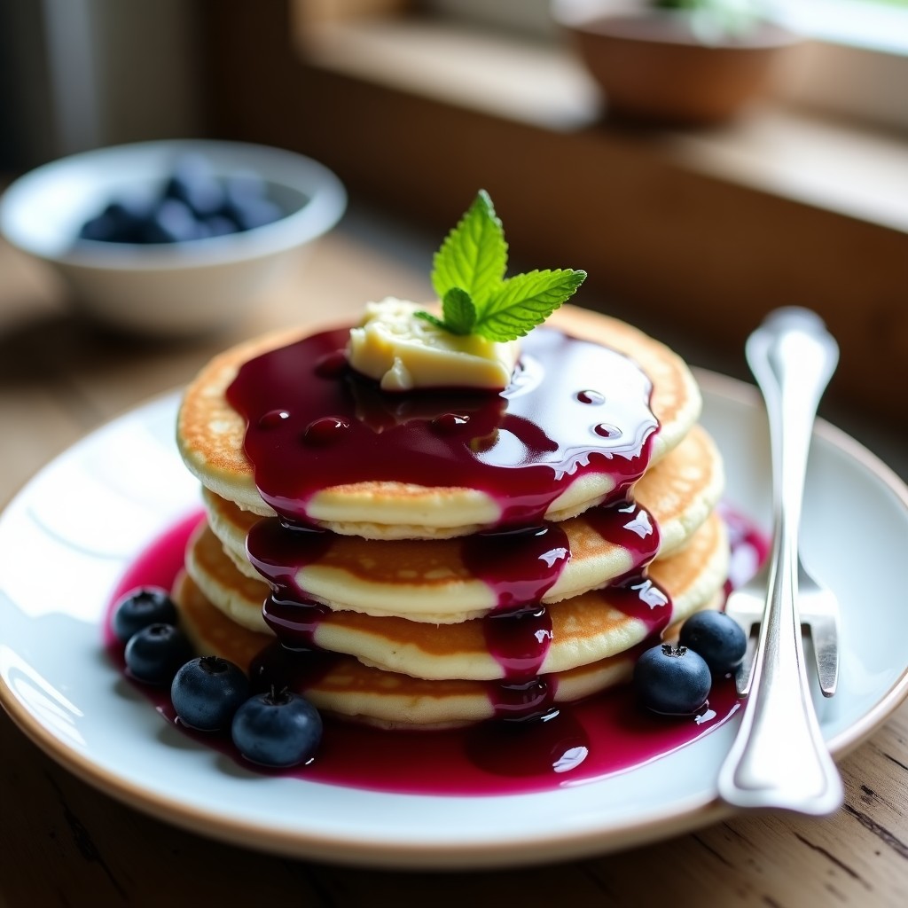 Pila de pancakes dorados de avena y protein powder con salsa de arándanos keto, servidos en plato blanco con fondo de cocina rústica.