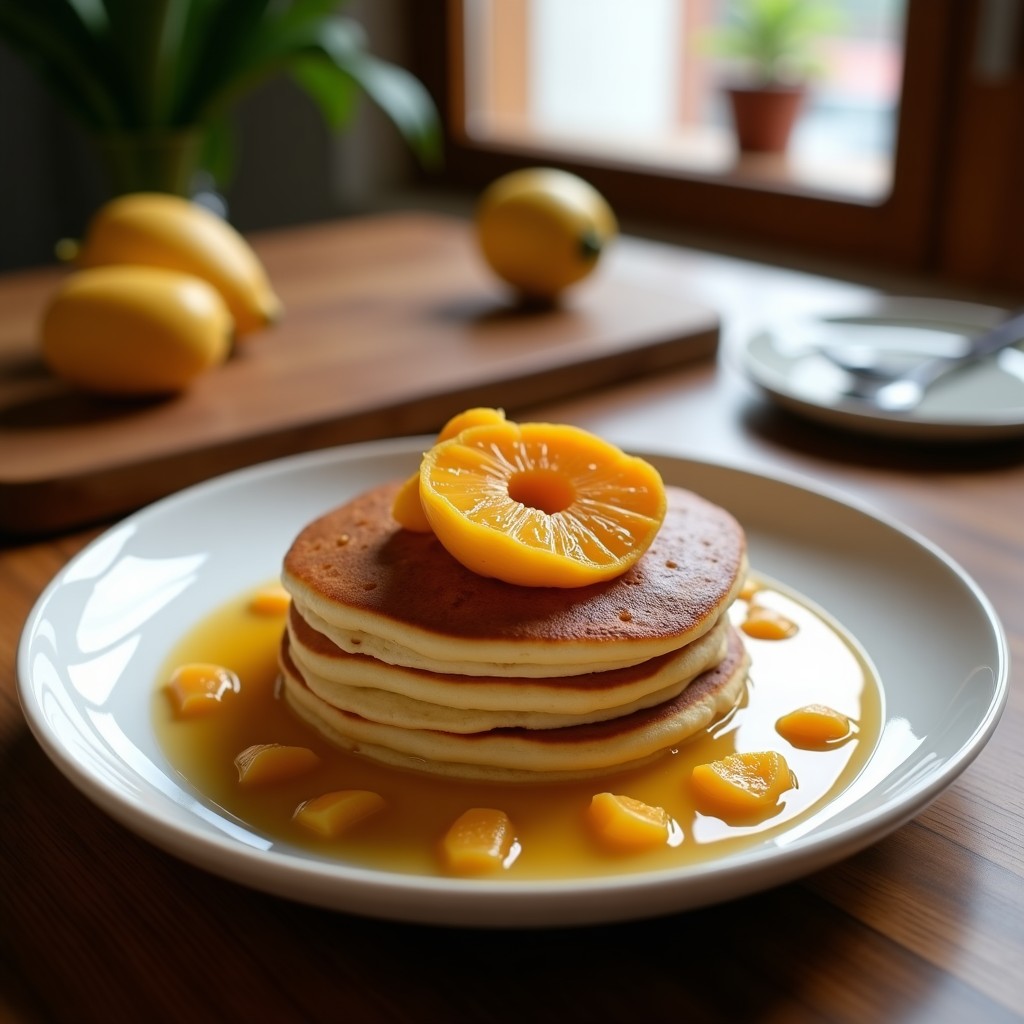 Pila de pancakes dorados de avena y proteína de guisante con compota de manzana casera, espolvoreados con nueces picadas y un hilo de sirope de arce sobre un plato blanco. Desayuno fitness alto en proteína, vegano y sin gluten.