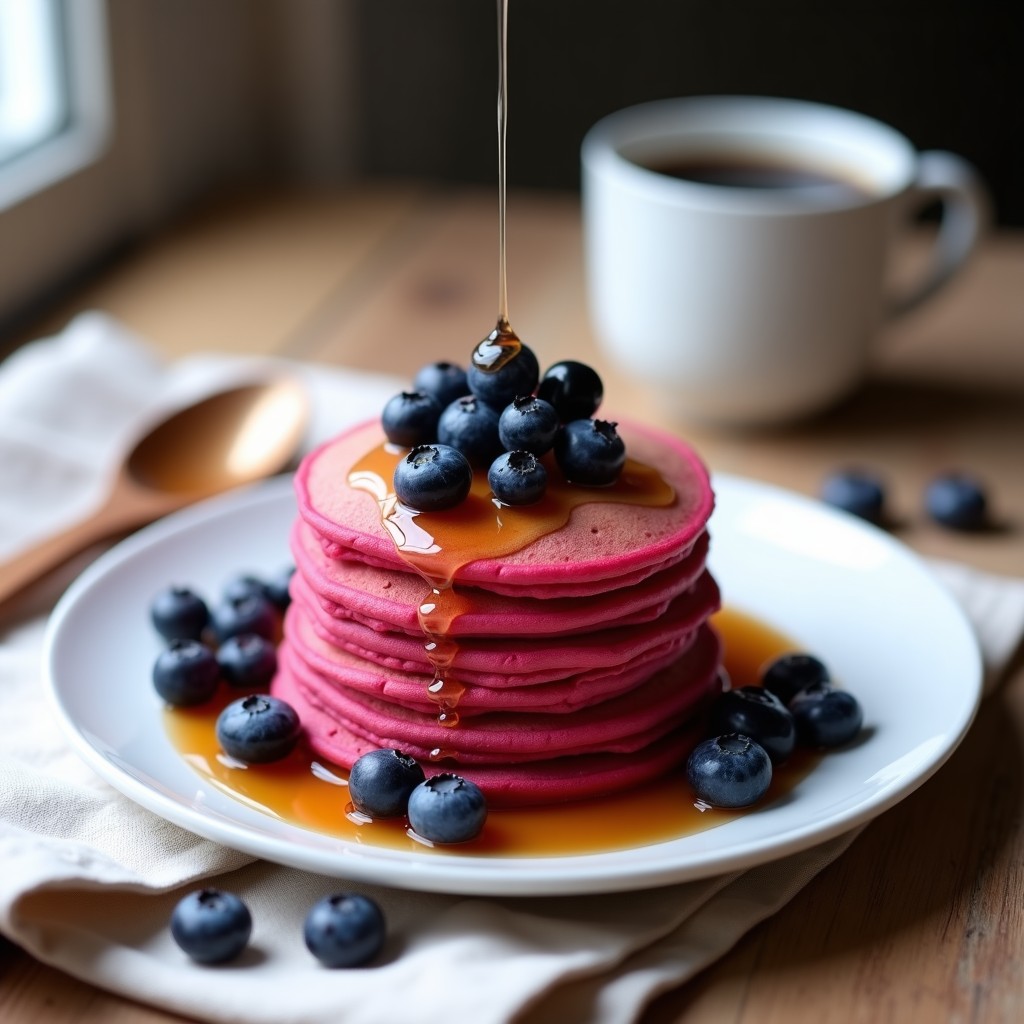 Plato blanco con pancakes esponjosos de color rosado intenso, hechos con avena y remolacha, apilados y coronados con arándanos frescos y un hilo de sirope de agave. Fondo rústico con mantel de lino y taza de café.