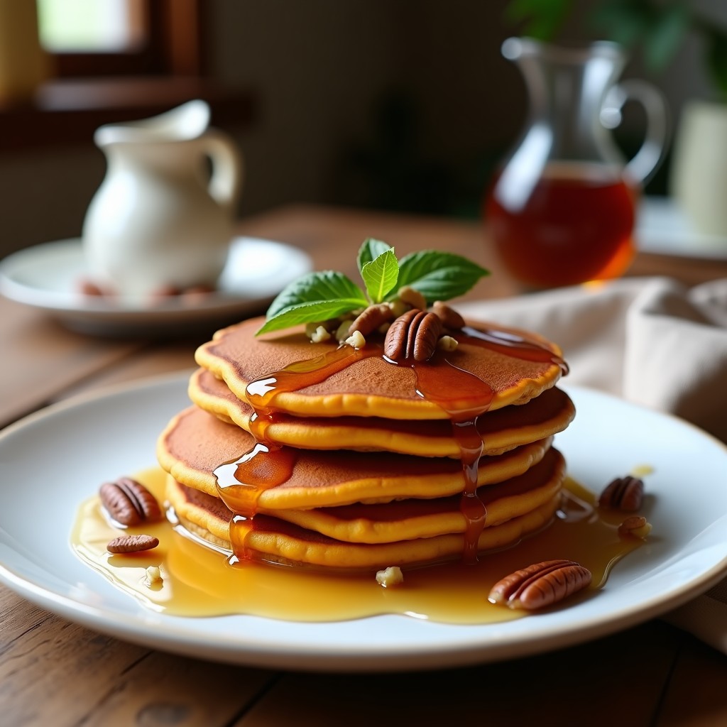 Pila de pancakes dorados de batata y canela con sirope de arce brillando, decorados con nueces picadas y un toque de canela espolvoreada sobre un plato de cerámica blanca, fondo rústico de madera.