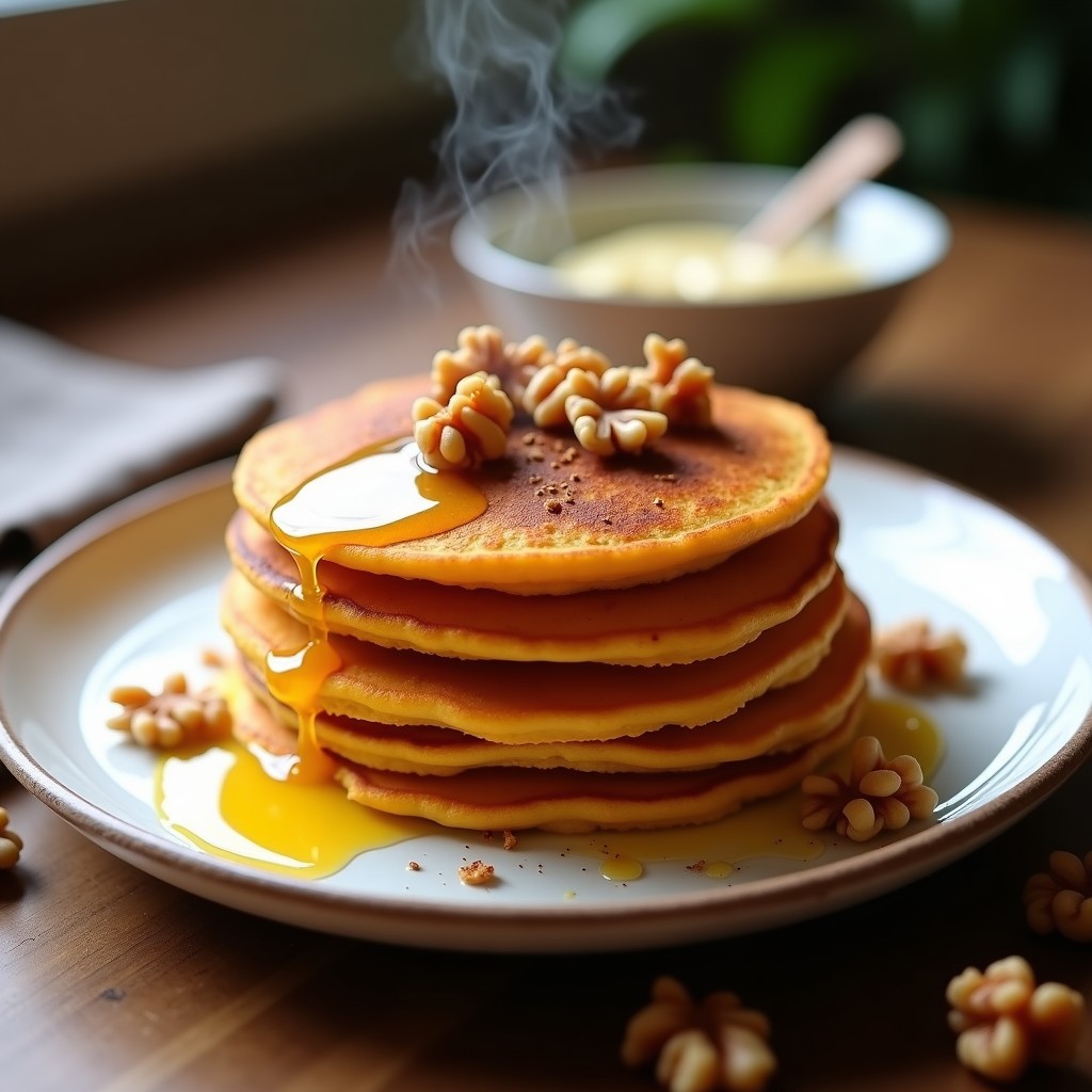Pila de pancakes dorados de boniato y canela keto sin harina, coronados con nueces tostadas picadas y un hilo de mantequilla derretida, servidos en plato blanco rústico con fondo de madera.