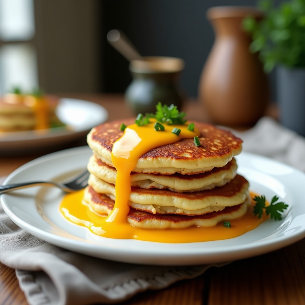 Pancakes dorados de coliflor y cheddar apilados en un plato blanco, con salsa espesa de bacon y cebollino picado. Receta keto en airfryer con textura crujiente y queso fundido.