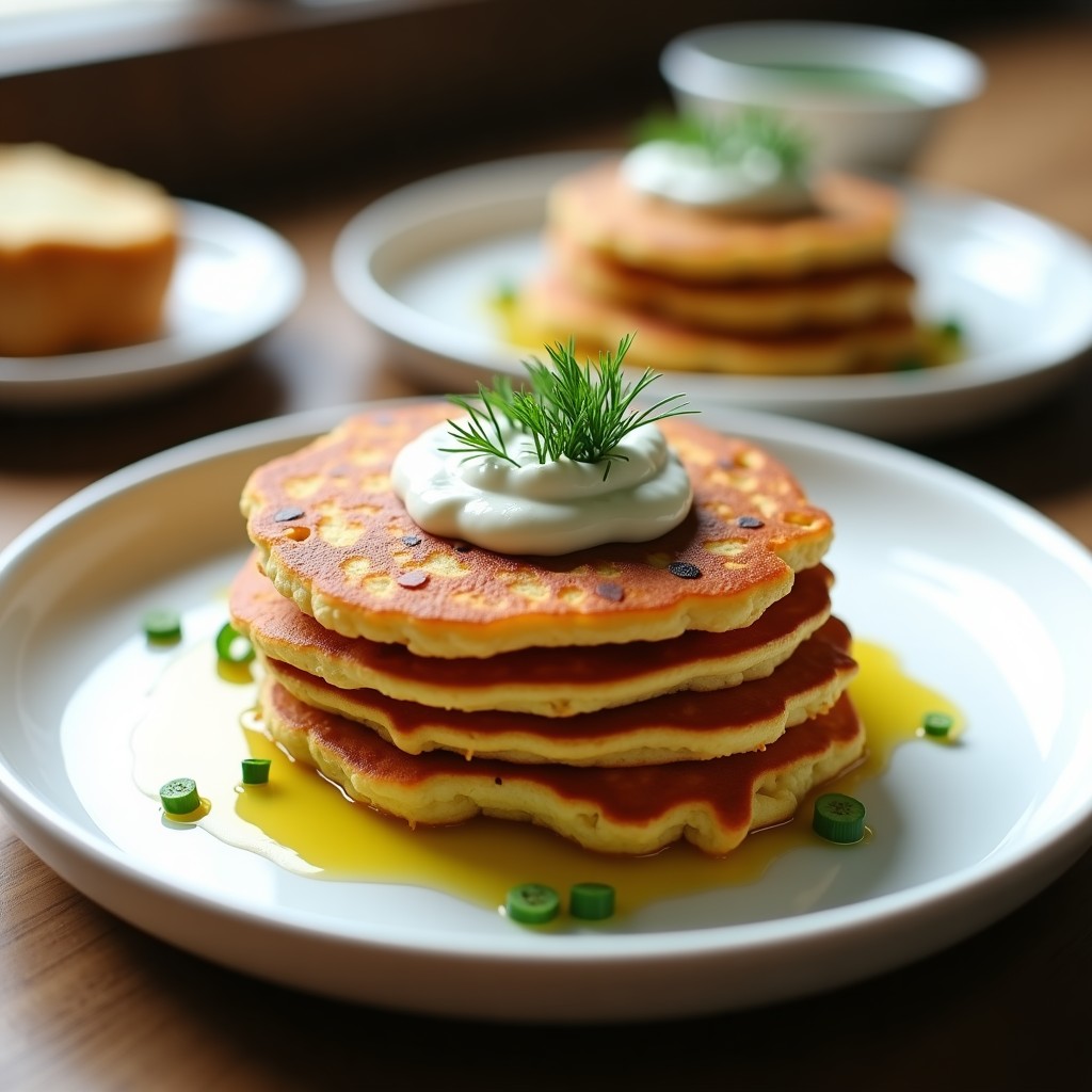 Pancakes dorados de coliflor y queso feta apilados en un plato blanco, con salsa de hierbas cremosa y yogur griego al lado. Receta keto en airfryer crujiente y esponjosa.