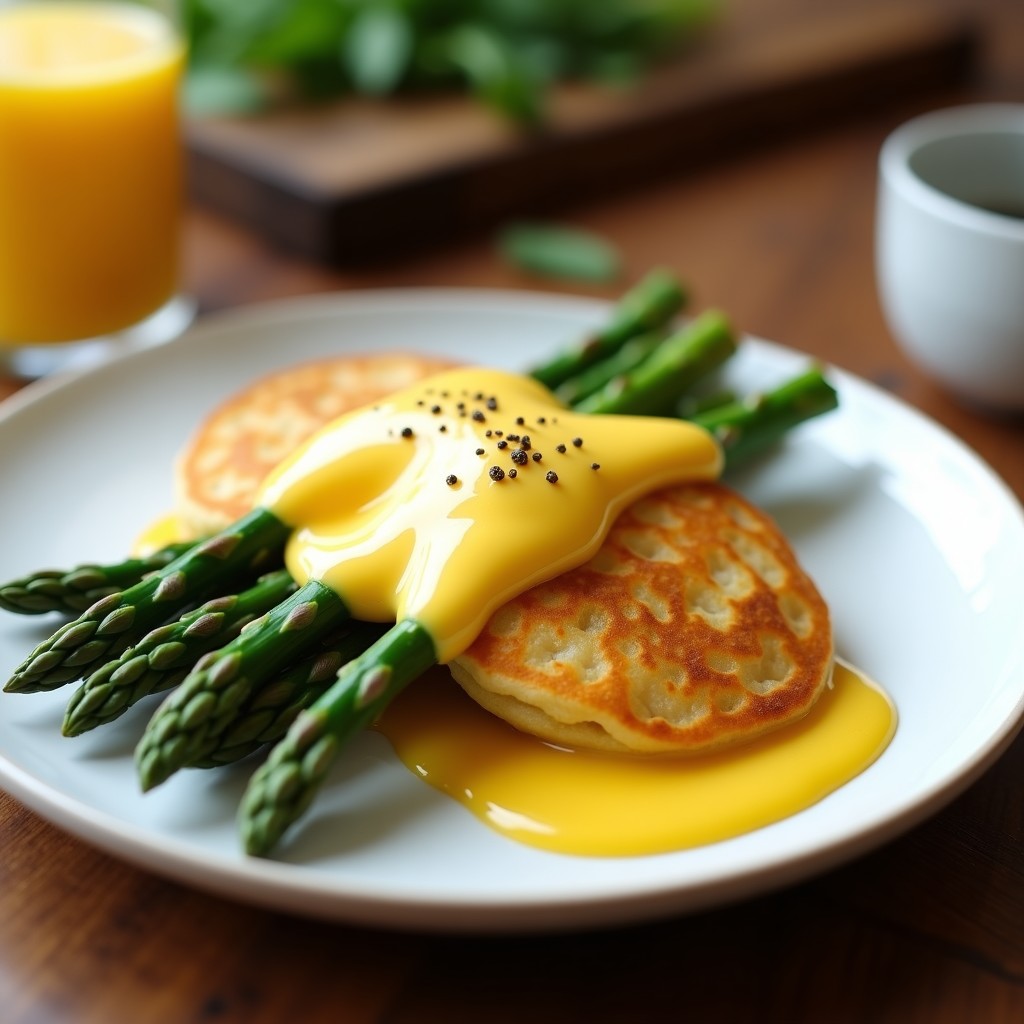Plato blanco con pancakes dorados de garbanzo y espárragos trigueros salteados, bañados en salsa holandesa vegana cremosa y amarilla. Decorados con puntas de espárrago y pimienta negra, sobre fondo rústico de madera.
