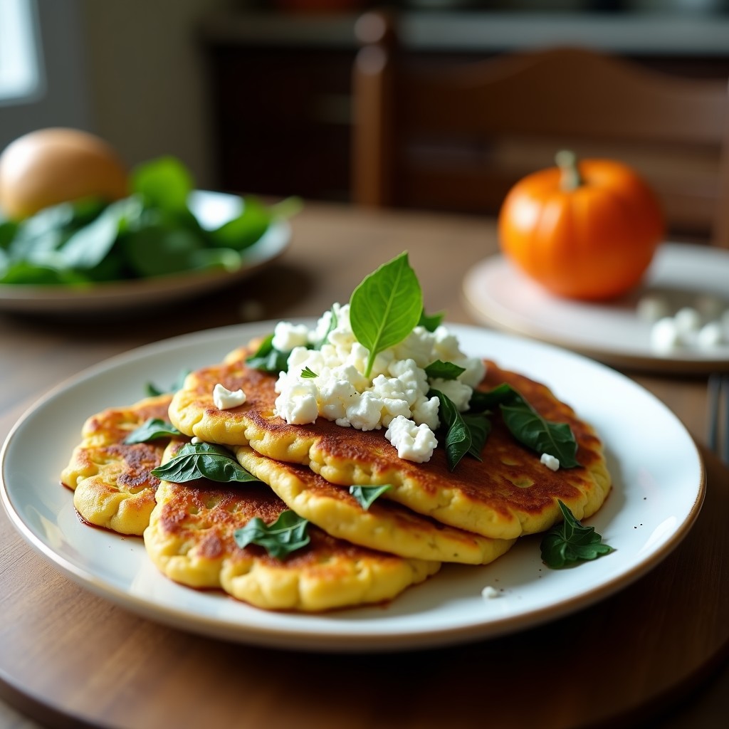 Pila de pancakes dorados de harina de garbanzo con trocitos de espinacas verdes y queso feta desmenuzado, servidos en un plato blanco rústico con semillas de sésamo espolvoreadas, aceite de oliva virgen extra y rodajas de tomate fresco al lado. Receta de desayuno mediterráneo sin harina.