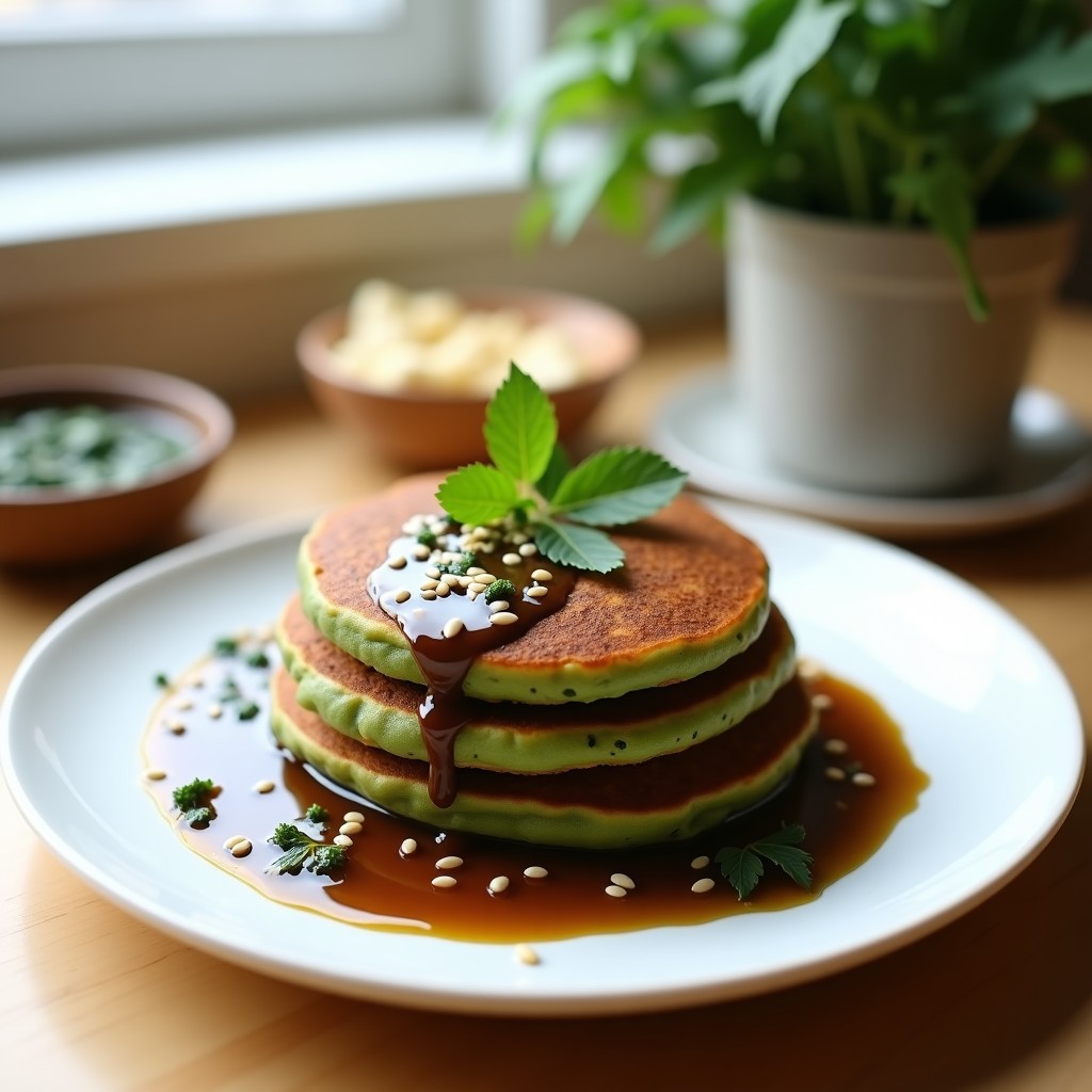 Pancakes de Garbanzo y Espirulina con Salsa de Ajo Negro: Desayuno Keto y Alta en Proteína