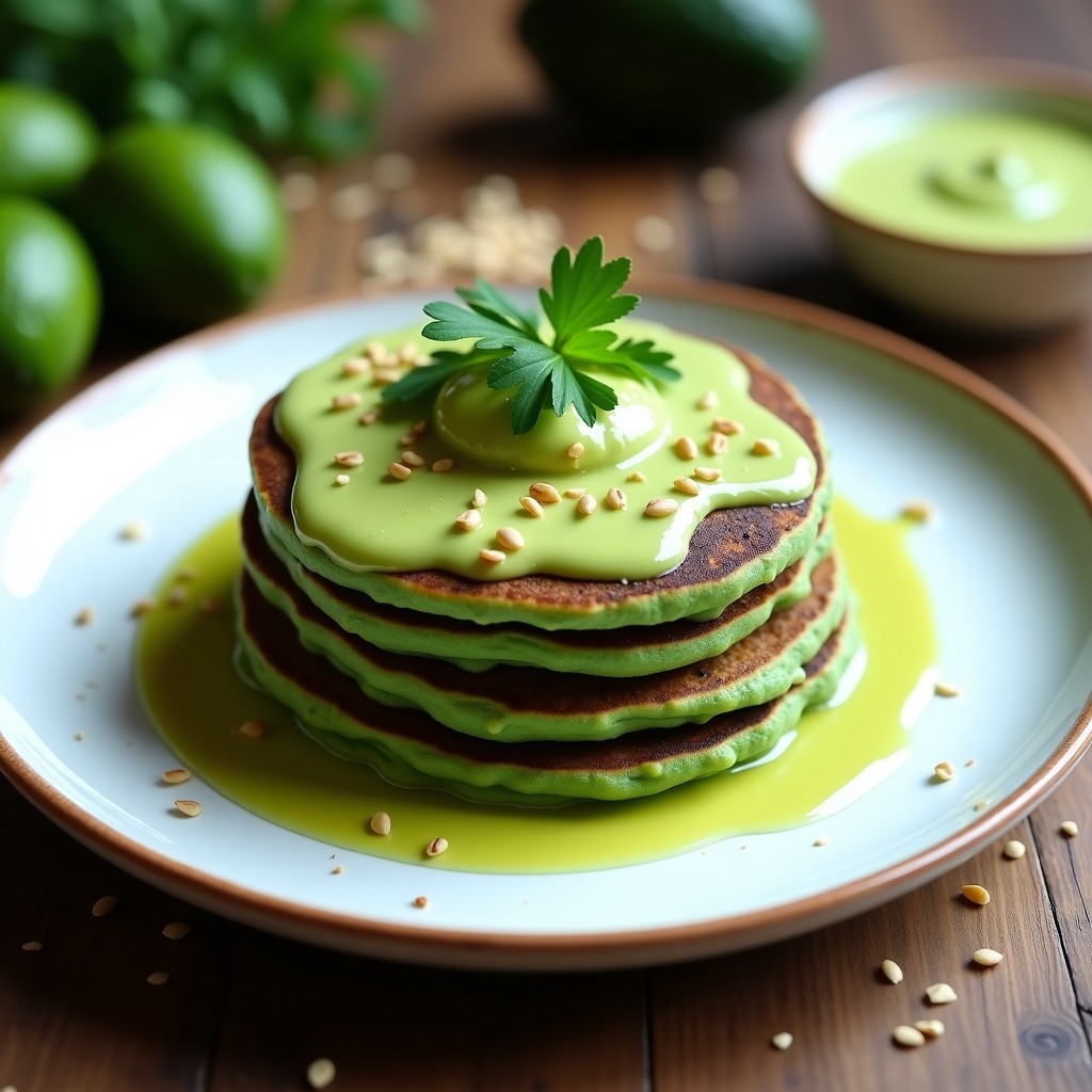 Pila de pancakes verdes esponjosos de harina de guisante y espirulina servidos en plato blanco, bañados con salsa de aguacate cremosa, decorados con semillas de sésamo y cilantro fresco. Desayuno keto saludable y alto en proteína.
