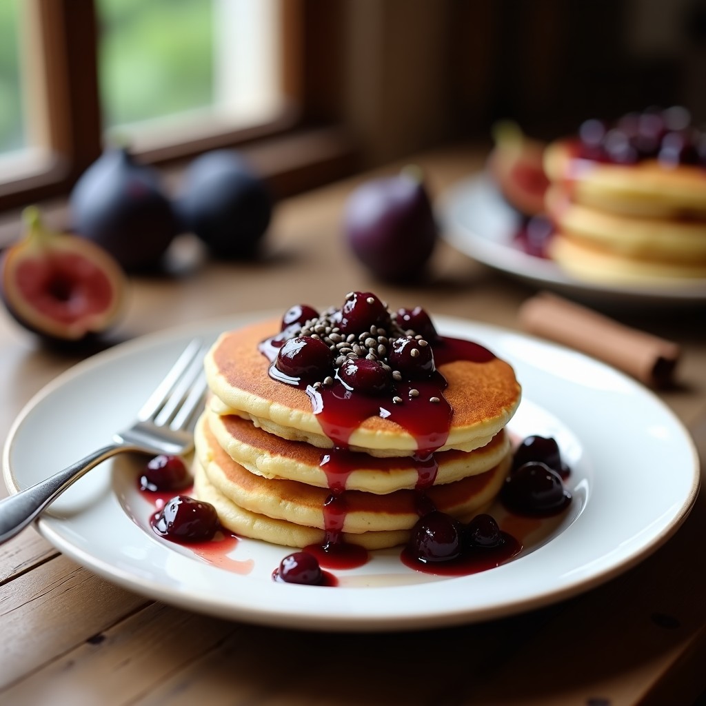 Plato blanco con pancakes dorados de harina de castaña apilados, cubiertos con compote de higos brillante y trozos de higo fresco. Desayuno keto sin gluten sobre fondo rústico de madera.