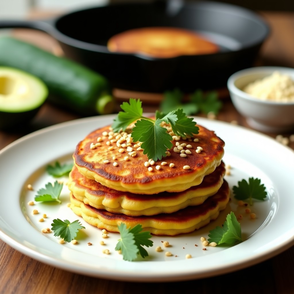 Plato blanco con tres pancakes dorados de harina de garbanzo y calabacín, espolvoreados con semillas de sésamo tostadas y hojas de cilantro fresco. Fondo rústico con sartén de hierro y ingredientes dispersos: calabacín, huevos y especias.