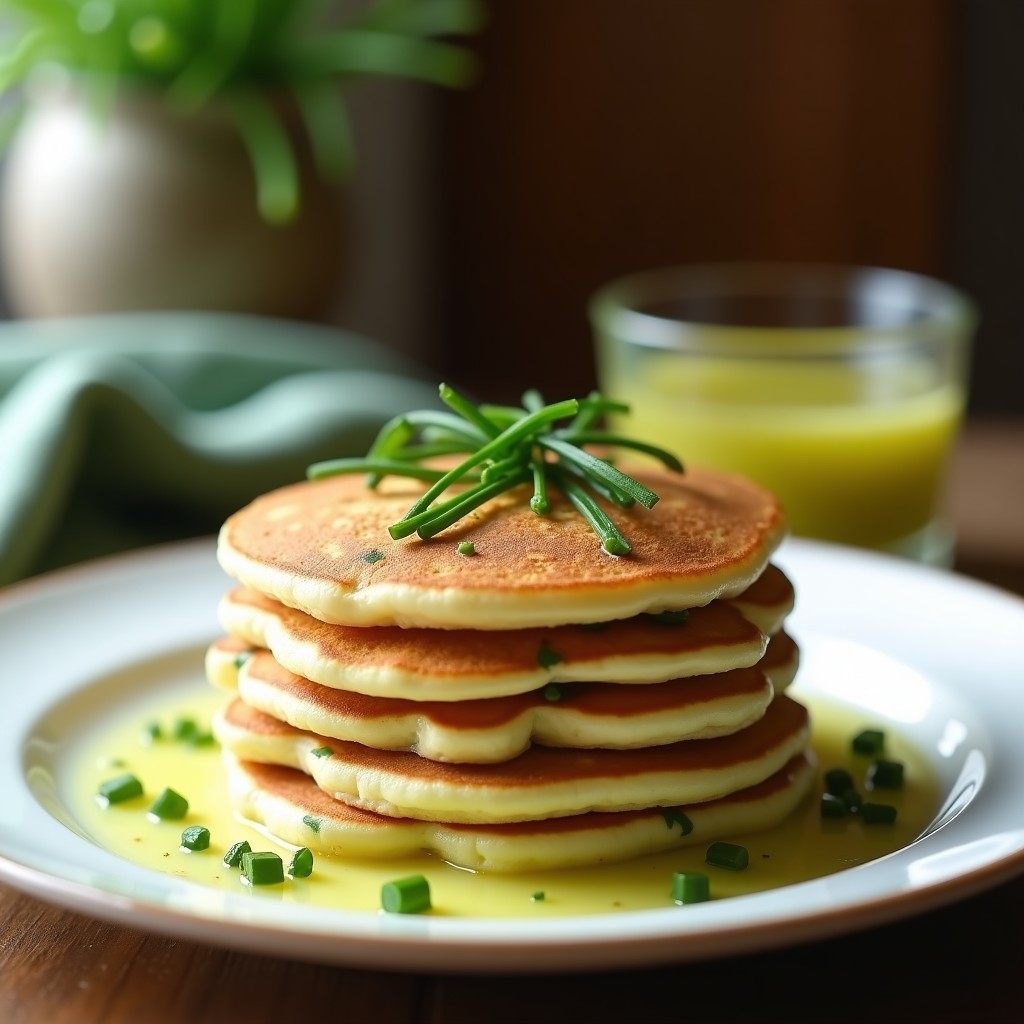 Plato blanco con cuatro pancakes dorados de harina de guisante y espárragos, decorados con puntas de espárrago salteadas y cebollino picado. Fondo rústico de madera con taza de café y aguacate en cubos, receta keto sin gluten en Thermomix.