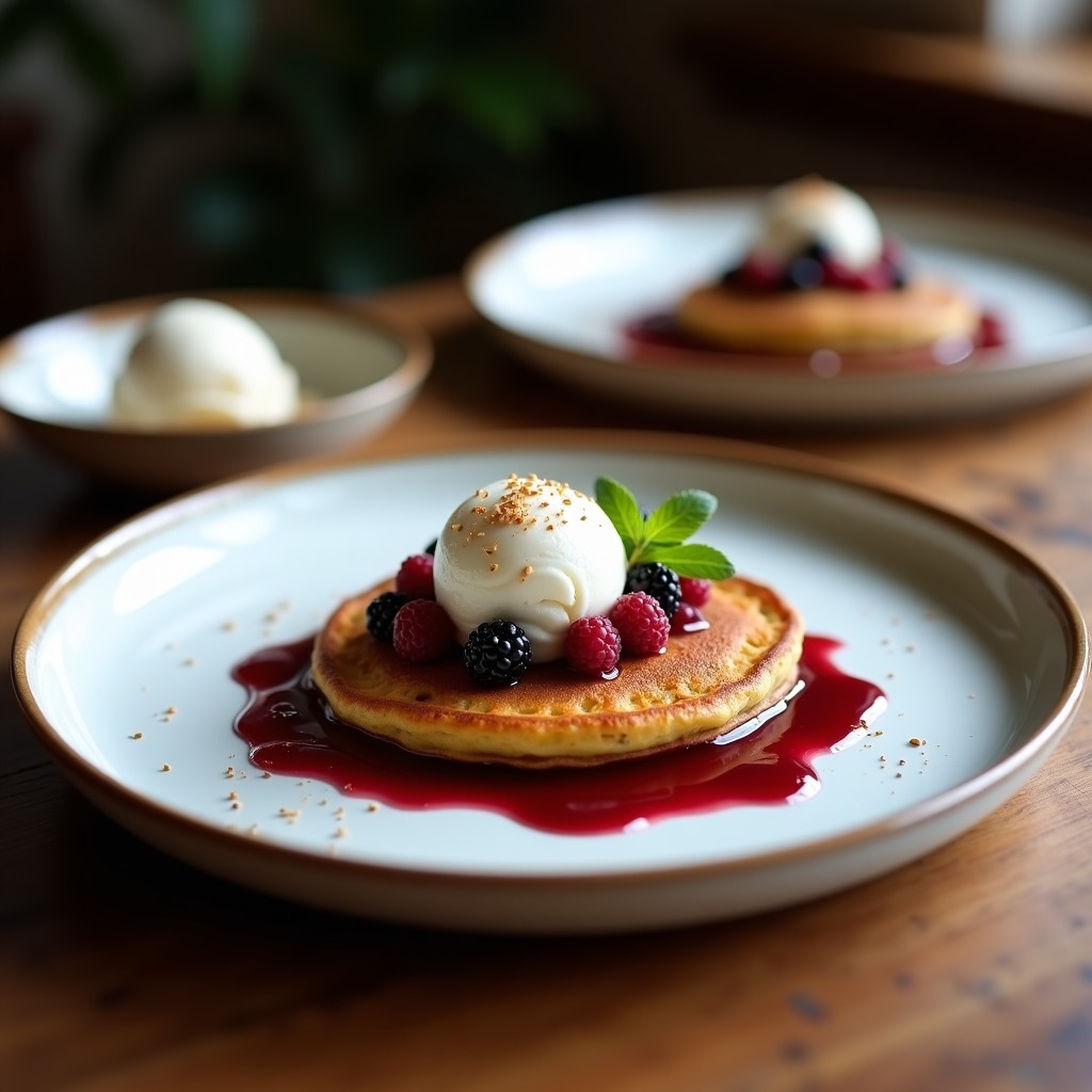 Plato blanco con pancakes dorados de harina de lentejas apilados, bañados en coulis de frutos rojos de color intenso y acompañados de una bola de helado de coco cremoso. Decorado con semillas de chía y frutos rojos frescos.