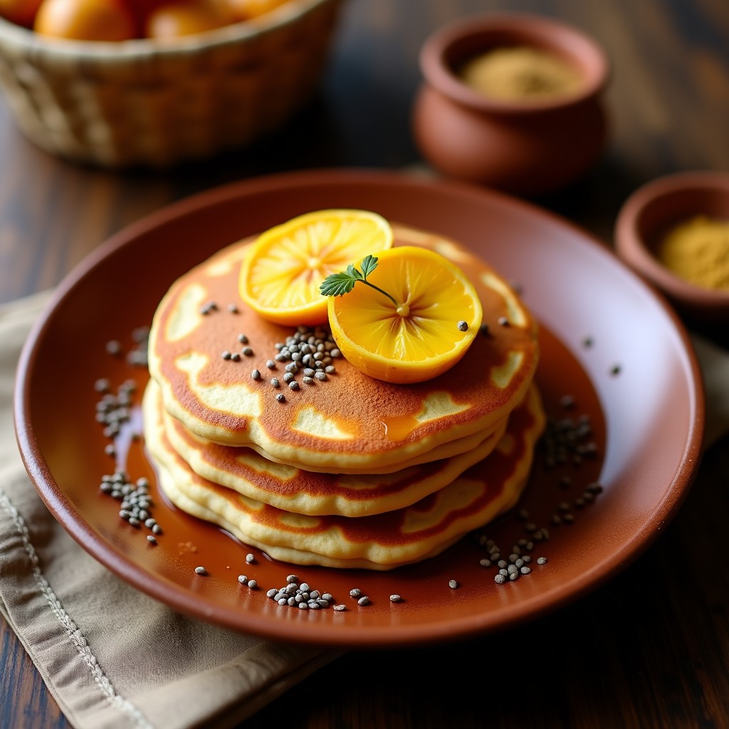 Pila de pancakes dorados de harina de teff y plátano macho, servidos en plato de barro con un chorrito de miel y semillas de chía espolvoreadas, fondo rústico con elementos etíopes.