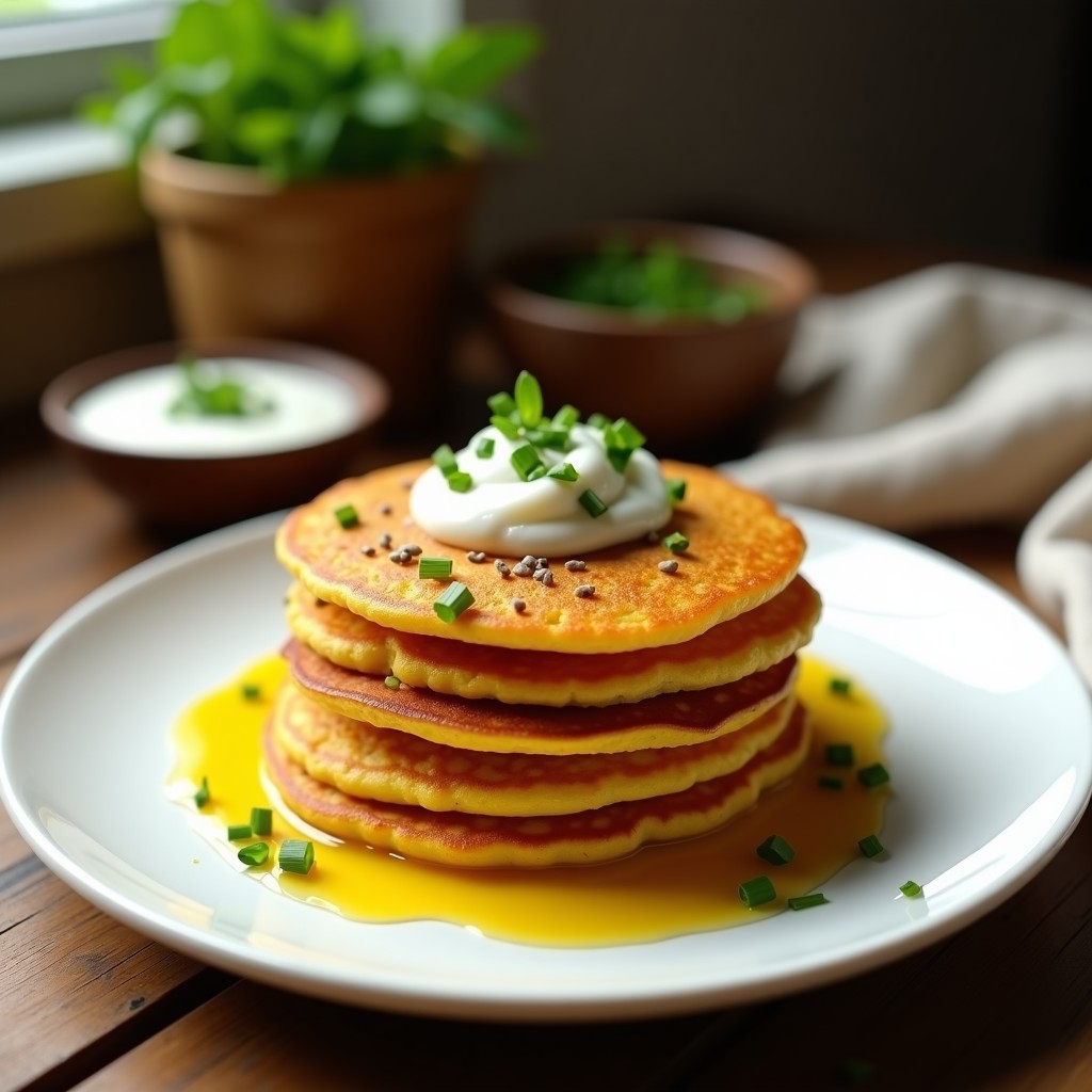 Pila de pancakes dorados de lentejas rojas y cúrcuma, esponjosos y con vetas amarillas, servidos en plato blanco con cebollino picado y semillas de chía. Desayuno sin gluten y alto en hierro.