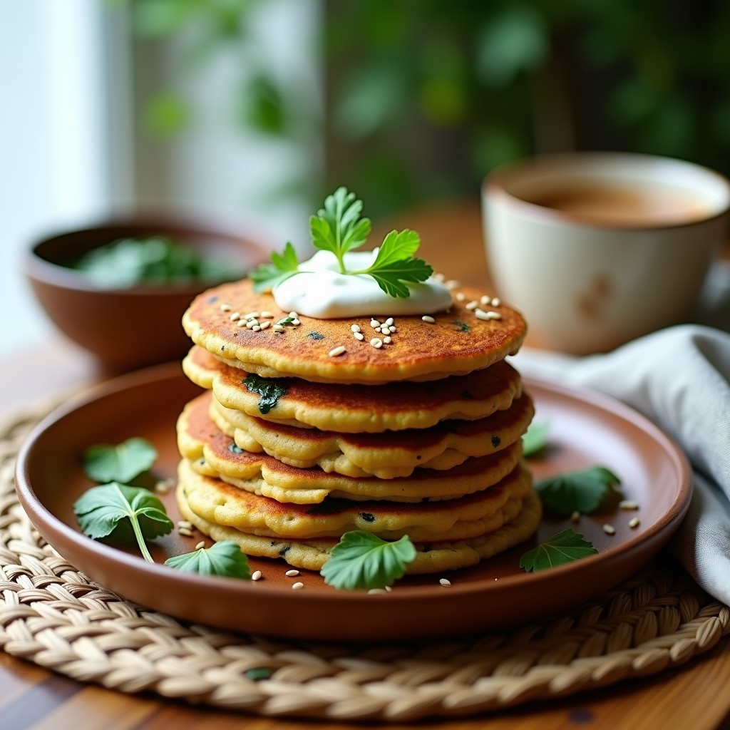 Pila dorada de pancakes esponjosos de lentejas rojas y espinacas con semillas de sésamo, servidos con yogur griego y cilantro fresco. Desayuno indio keto sin harina.