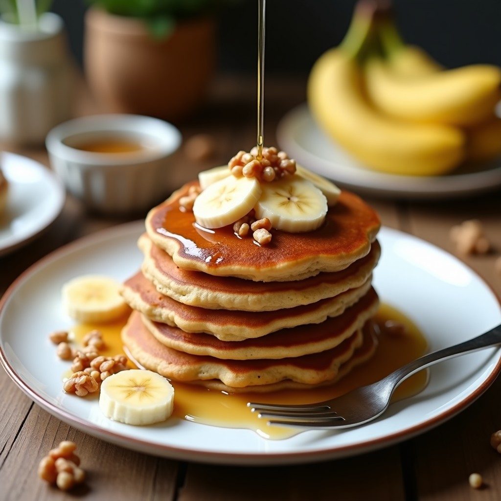 Pila de pancakes dorados de lentejas rojas y plátano sin harina, servidos en un plato blanco con semillas de chía y rodajas de plátano fresco, receta vegana y sin azúcar para desayunar.