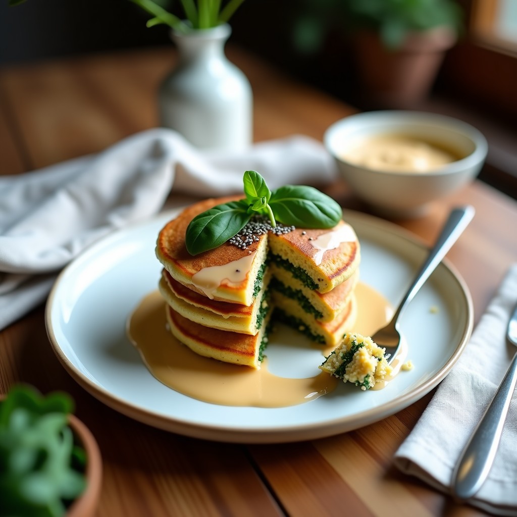 Pila de pancakes dorados de quinoa y espinacas con salsa de tahini cremosa, semillas de sésamo tostadas y decoración de espinacas frescas. Desayuno vegano sin gluten sobre plato blanco rústico.