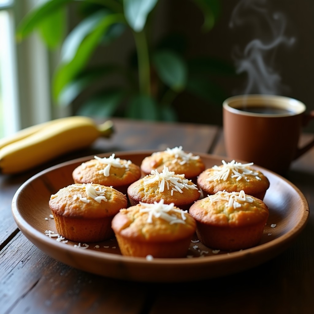 Panecillos dorados de amaranto y plátano sin gluten recién horneados, con textura esponjosa y topping de coco rallado, servidos en una bandeja de madera rústica con fondo de hojas de plátano.