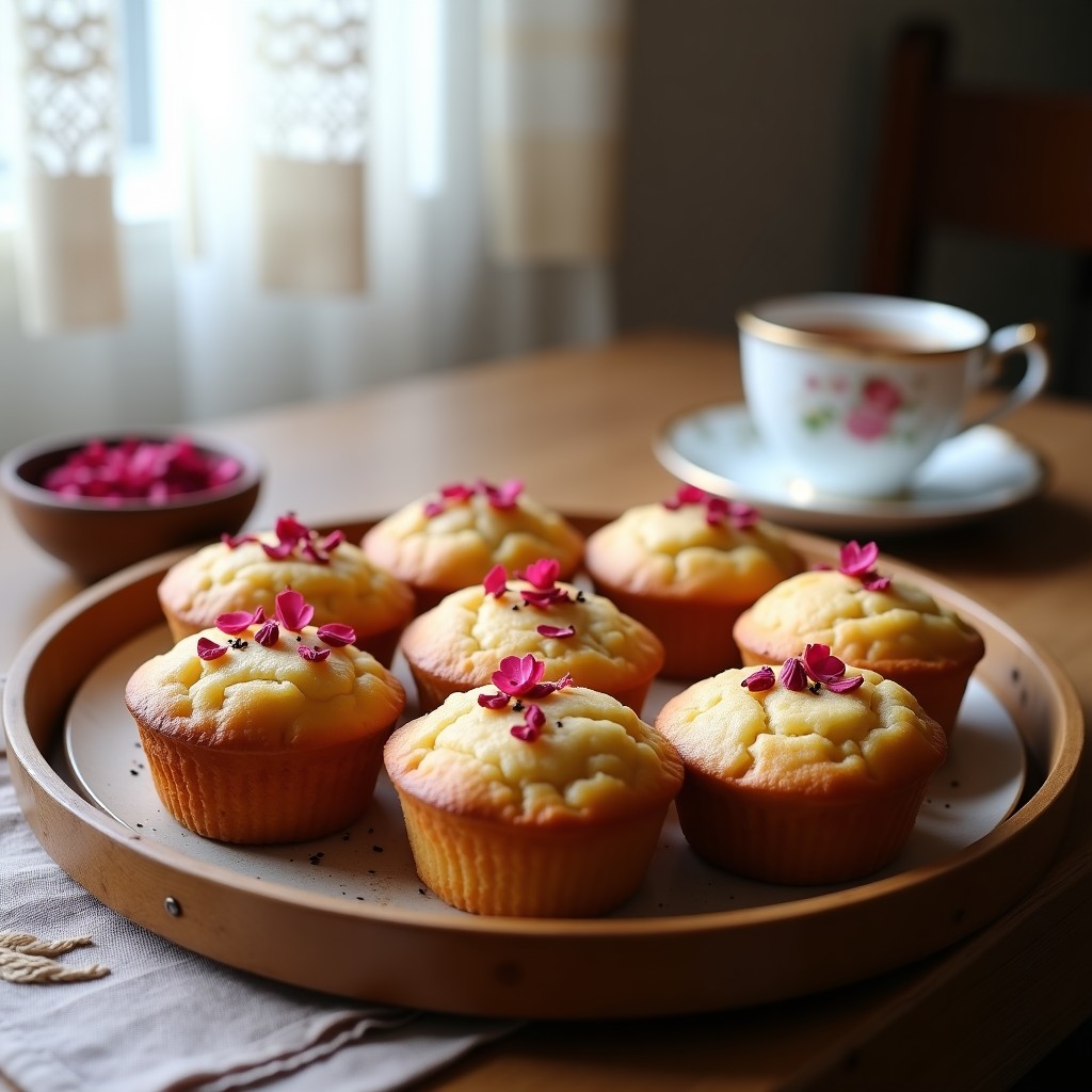Panecillos dorados de harina de castaña con pétalos de rosa comestibles en la superficie, servidos en una bandeja de madera rústica con un ramito de rosas frescas al lado. Desayuno francés sin gluten con toque floral.