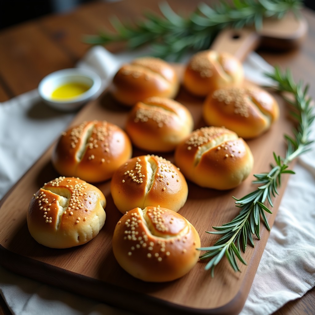 Panecillos dorados de harina de garbanzo y romero en molde para muffins, con semillas de sésamo tostadas por encima, servidos en bandeja de madera con ramita de romero fresco.