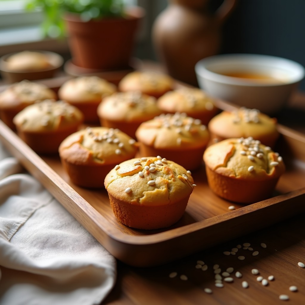 Panecillos dorados de harina de teff y semillas de girasol sobre una bandeja de madera rústica, con textura esponjosa y semillas tostadas visibles en la superficie, receta etíope sin gluten para desayuno.