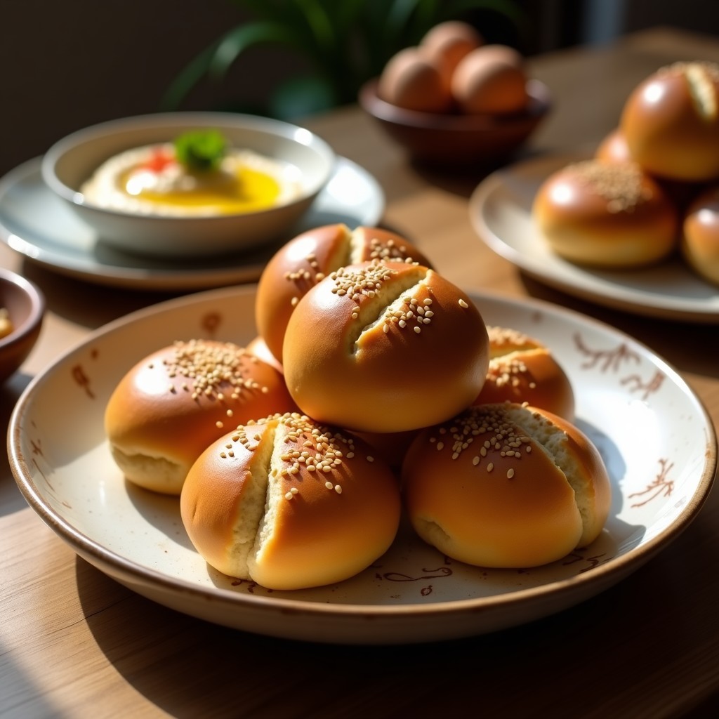 Panecillos dorados de hurut con semillas de sésamo tostadas en la superficie, apilados en un plato de cerámica blanca con detalles árabes, acompañados de un bol de hummus y hierbas frescas.