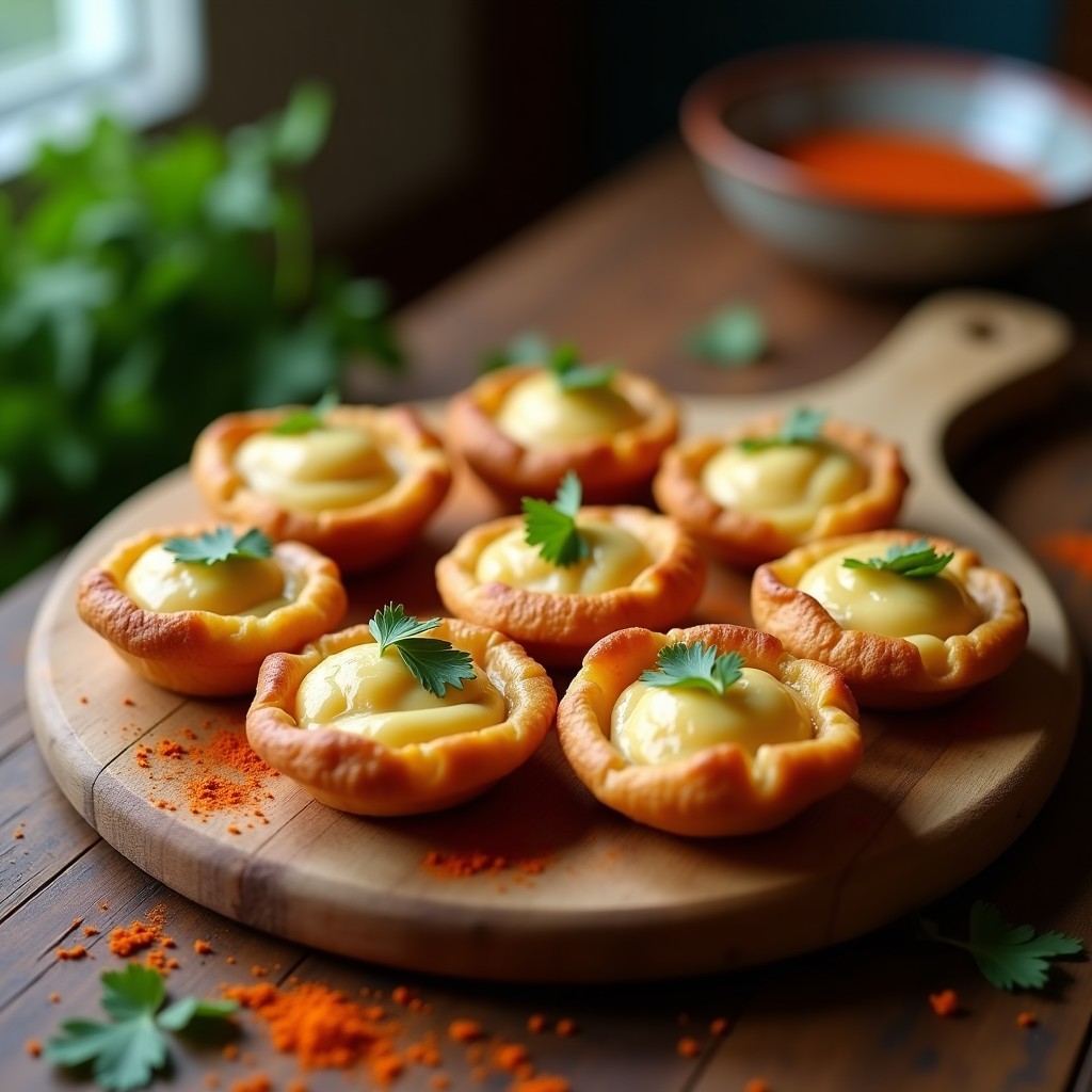 Panecillos dorados de maíz morado rellenos de queso de castaña, con textura crujiente por fuera y cremosa por dentro, servidos en una bandeja de madera rústica con hojas de cilantro fresco.