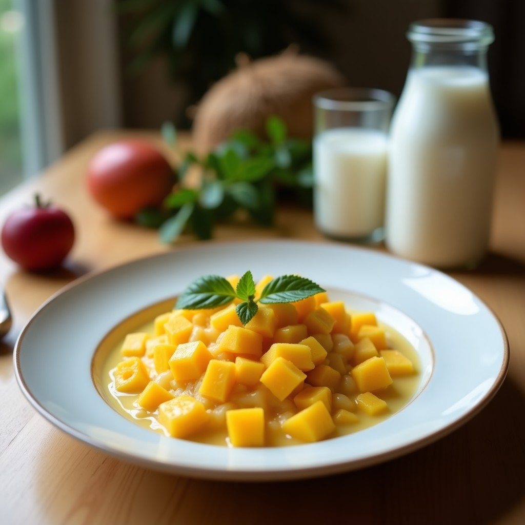 Panna Cotta de agua de coco en copas de cristal transparente, con capas sedosas y doradas, coronada por una salsa de mango brillante con vetas de chili, decorada con hojas de menta fresca y coco rallado tostado. Postre vegano sin lactosa con textura cremosa y colores tropicales.